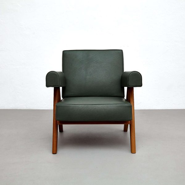 Pierre Jeanneret 053 Capitol Complex Teak Wood Green Leather Armchair by Cassina - Image 4